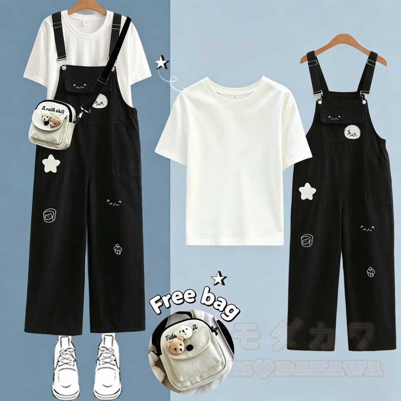 Zweiteiliges Set aus weißem Kurzarm-T-Shirt im College-Stil mit Print und weitem Bein sowie bedruckter Latzhose. - Schwarzes Set - XL - image 1