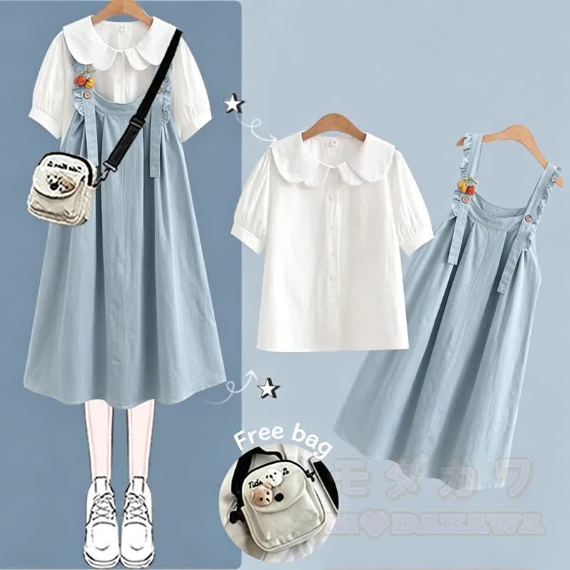 College-Stil Kurzarm-Hemdkleid mit Trägern, zweiteiliges Set - Blaues Set A - XL - image 2
