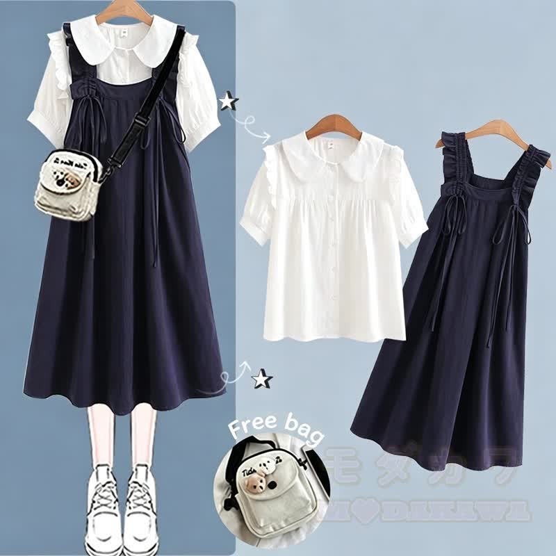 College-Stil Kurzarm-Hemdkleid mit Trägern, zweiteiliges Set - Marineblaues Set - XL - image 1