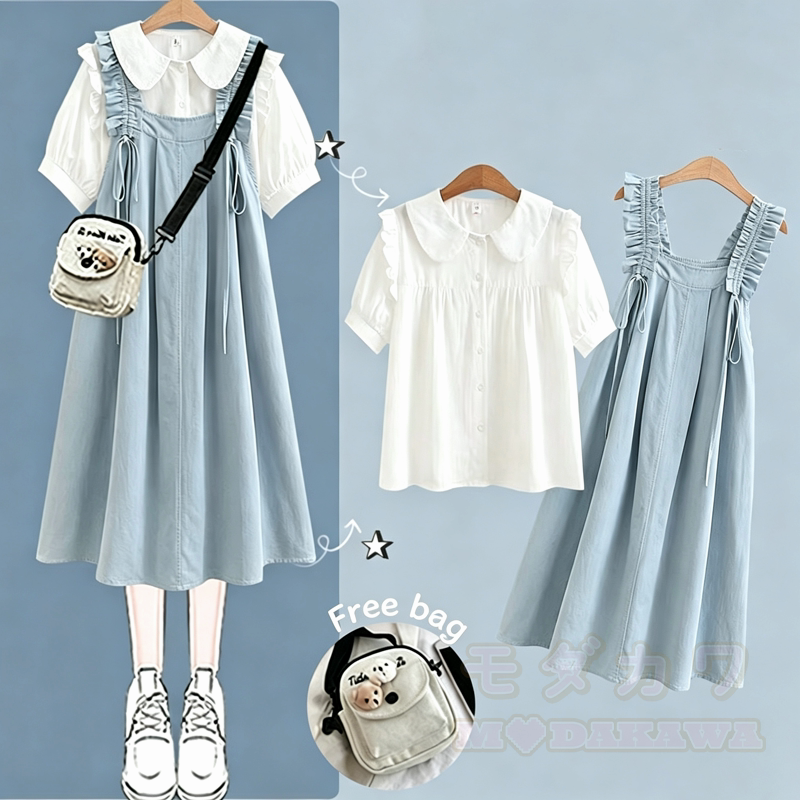 College-Stil Kurzarm-Hemdkleid mit Trägern, zweiteiliges Set - Blaues Set B - XL - image 3