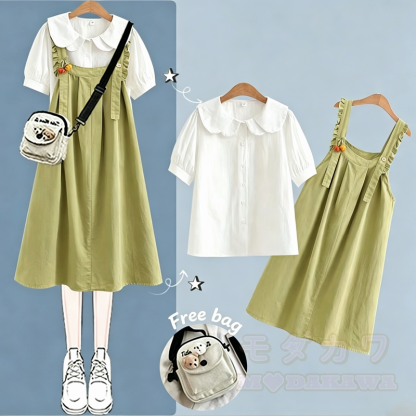 College-Stil Kurzarm-Hemdkleid mit Trägern, zweiteiliges Set - Grünes Set - XL - image 8