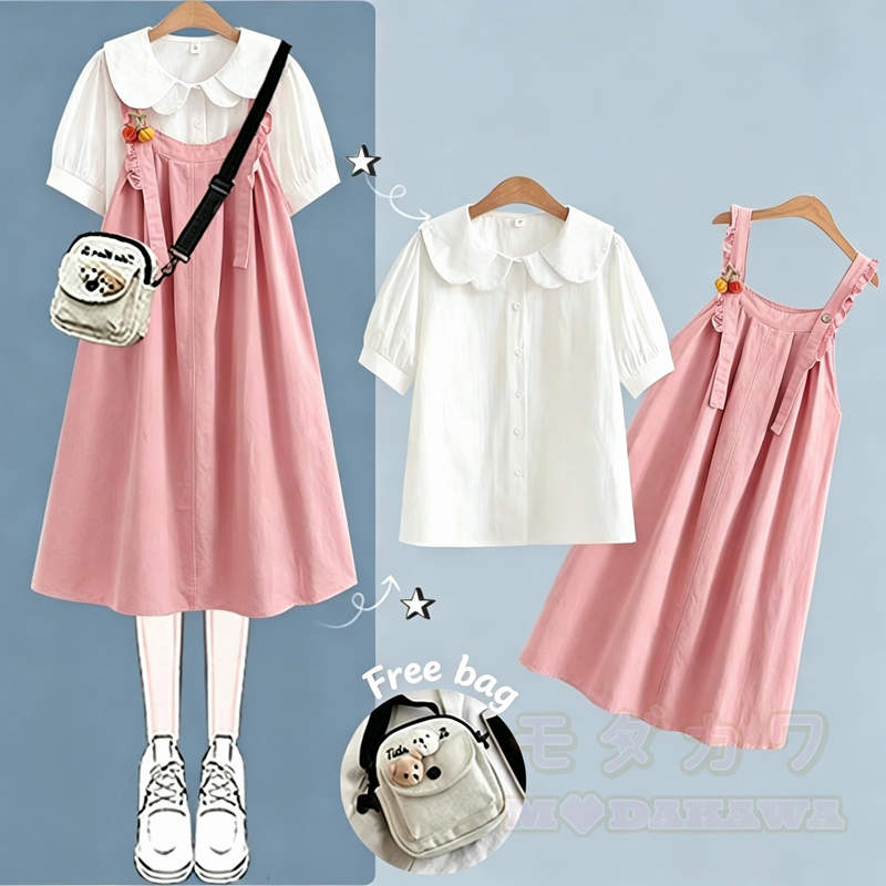 College-Stil Kurzarm-Hemdkleid mit Trägern, zweiteiliges Set - Rosa Set A - XL - image 4