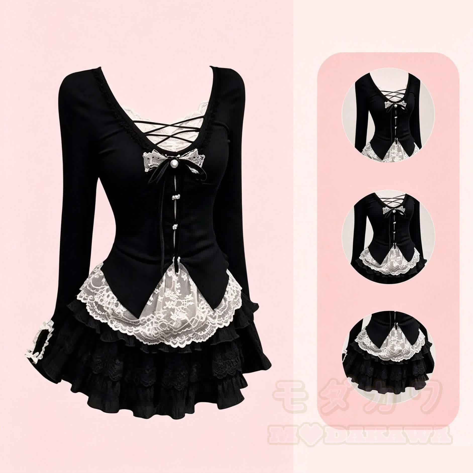 Schwarzes, zweiteiliges Set aus langärmeligem Top mit Schleife aus Spitze im Patchwork-Stil und Minirock - image 2