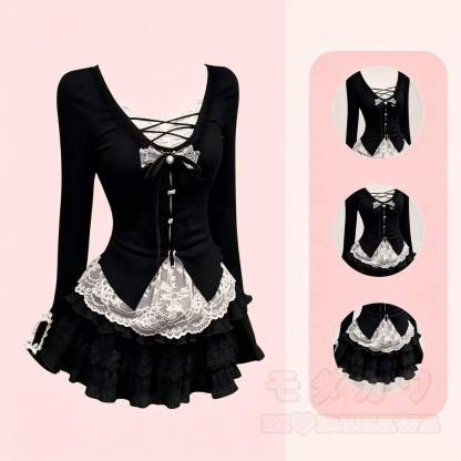 Schwarzes, zweiteiliges Set aus langärmeligem Top mit Schleife aus Spitze im Patchwork-Stil und Minirock - image 2