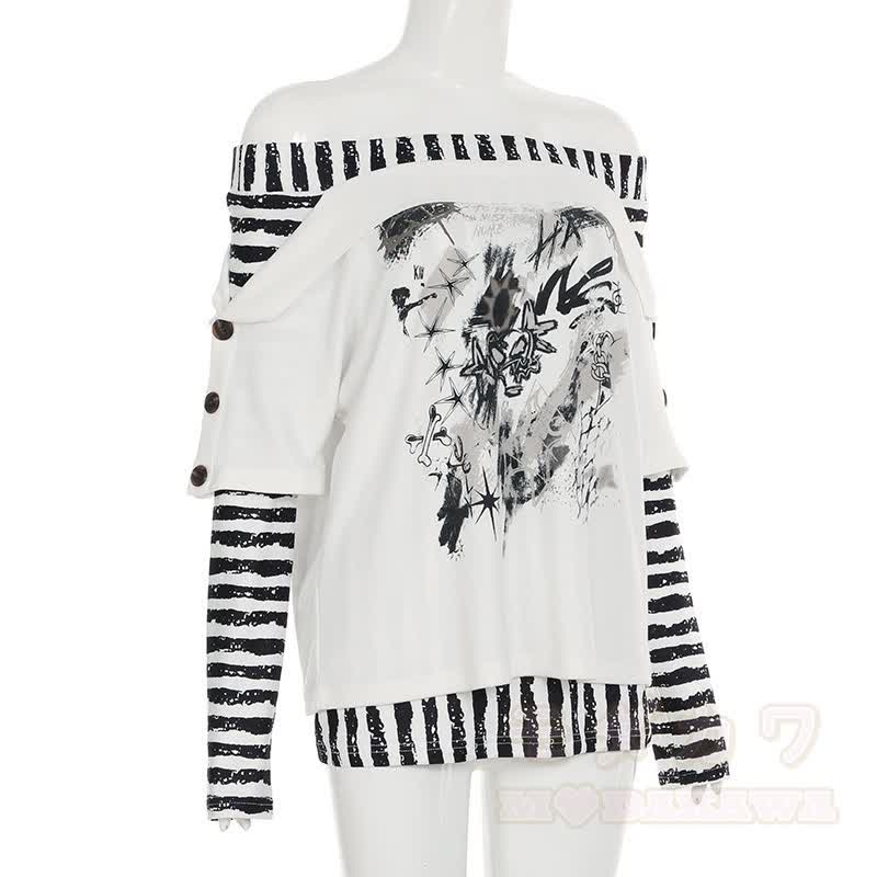Y2K -Grafik-Streifen-Off-Shoulder-Langarmtop - image 3