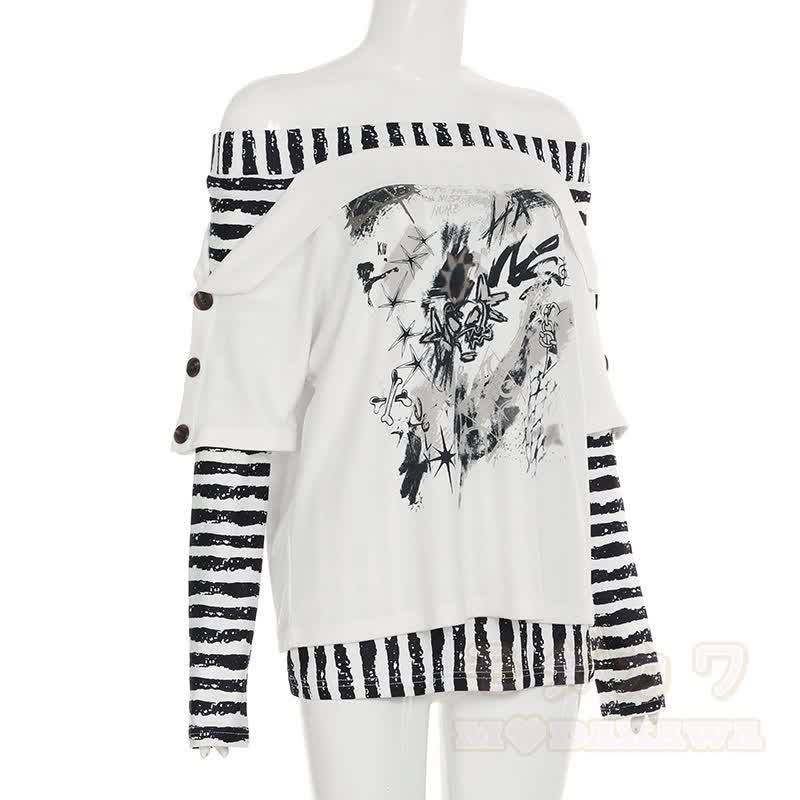 Y2K -Grafik-Streifen-Off-Shoulder-Langarmtop - image 3