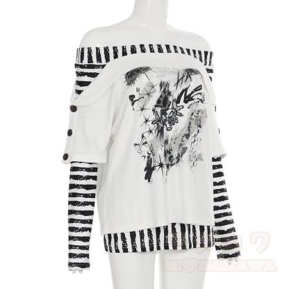 Y2K -Grafik-Streifen-Off-Shoulder-Langarmtop - image 3