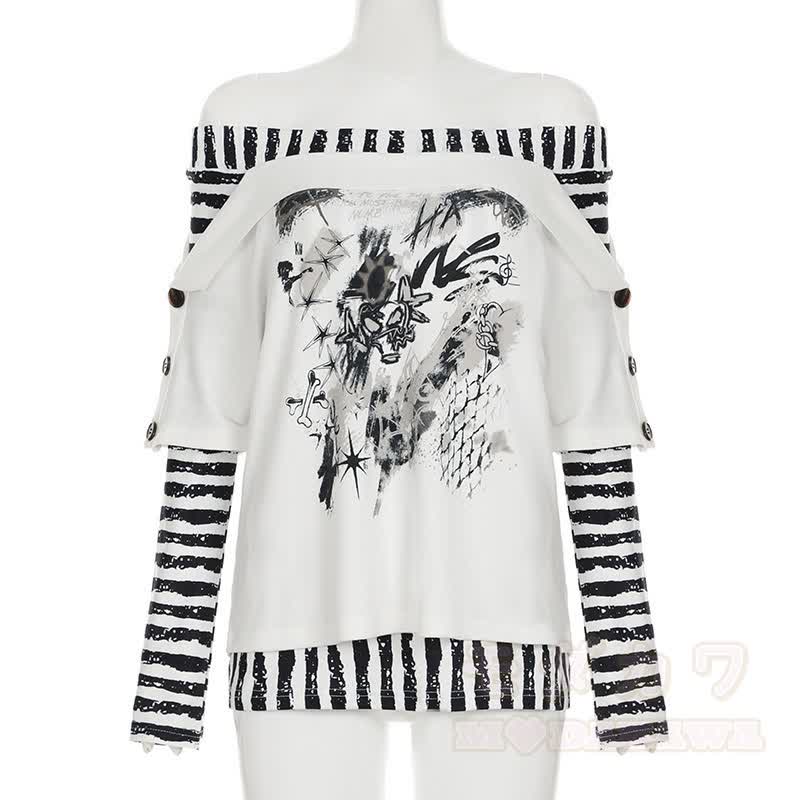 Y2K -Grafik-Streifen-Off-Shoulder-Langarmtop - image 2