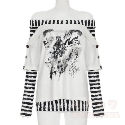 Y2K -Grafik-Streifen-Off-Shoulder-Langarmtop - image 2