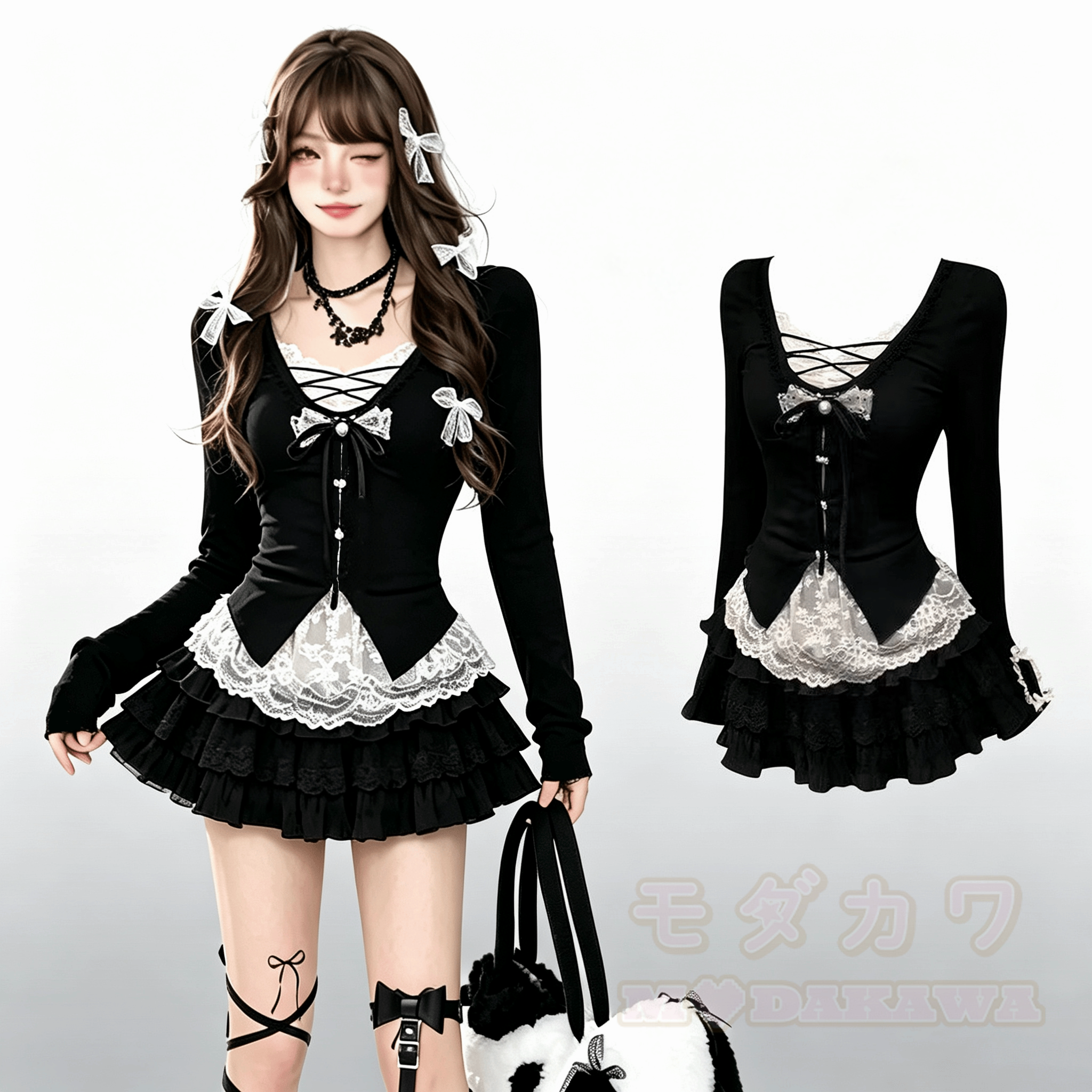 Schwarzes, zweiteiliges Set aus langärmeligem Top mit Schleife aus Spitze im Patchwork-Stil und Minirock - Satz - XL - image 1