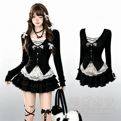 Schwarzes, zweiteiliges Set aus langärmeligem Top mit Schleife aus Spitze im Patchwork-Stil und Minirock - Satz - XL - image 1