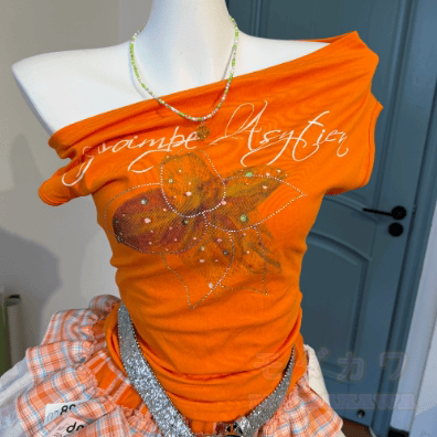 Y2K Orange Slim Fit Top mit Minirock Zweiteiliges Set - image 2