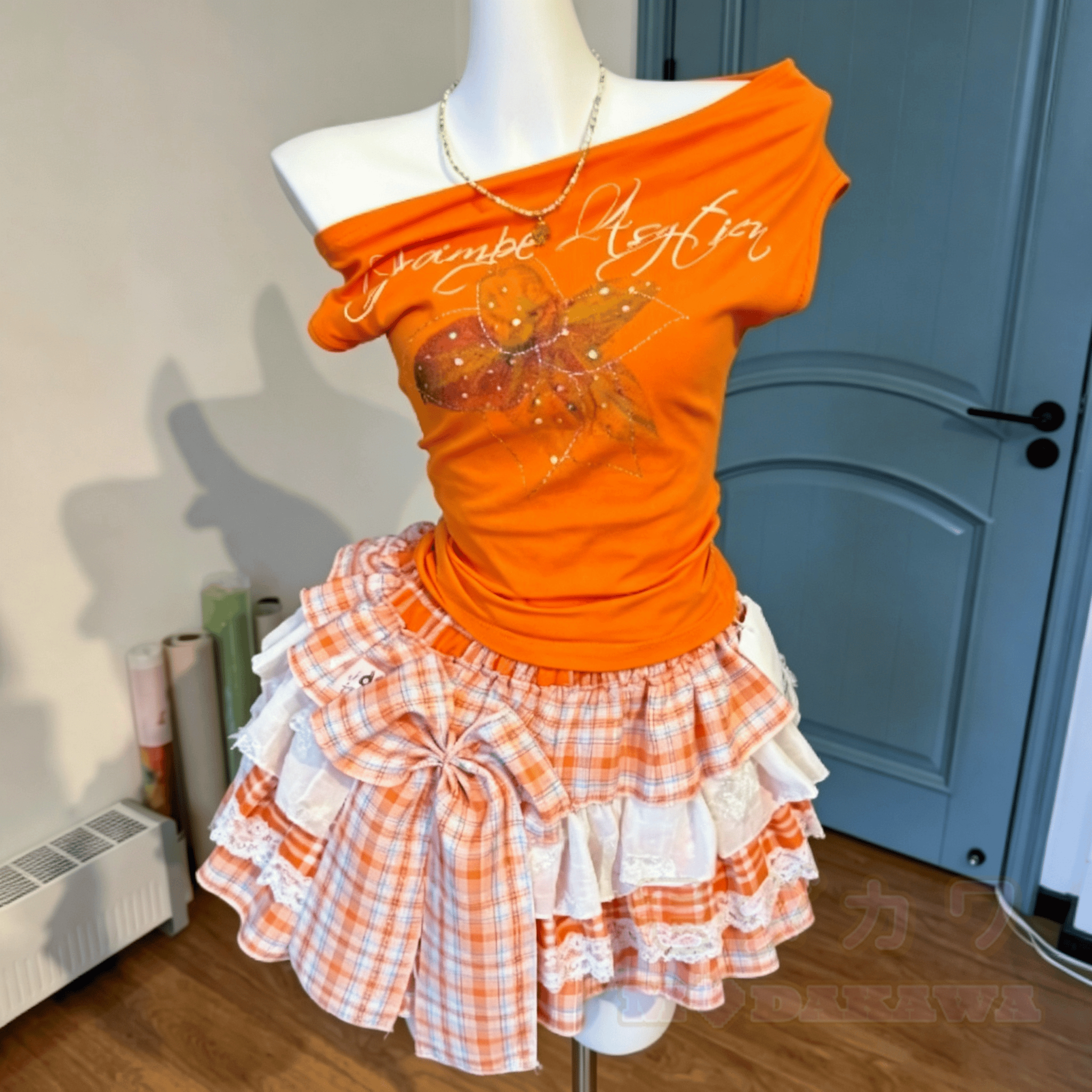 Y2K Orange Slim Fit Top mit Minirock Zweiteiliges Set - Satz - 2XL - image 1