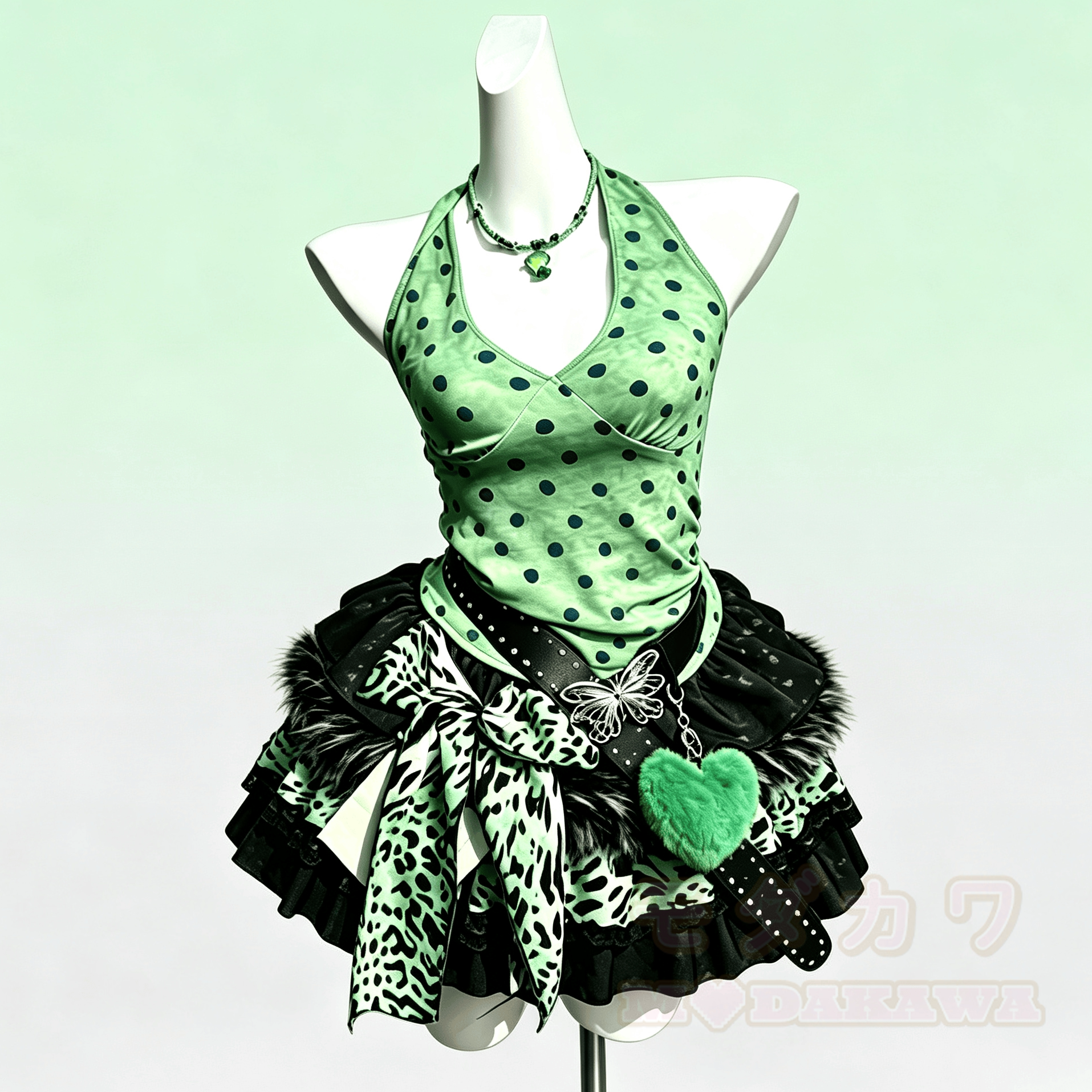 Zweiteiliges Set: Grünes V-Ausschnitt-Top mit Polka-Dots und Minirock mit Leopardenmuster - image 1