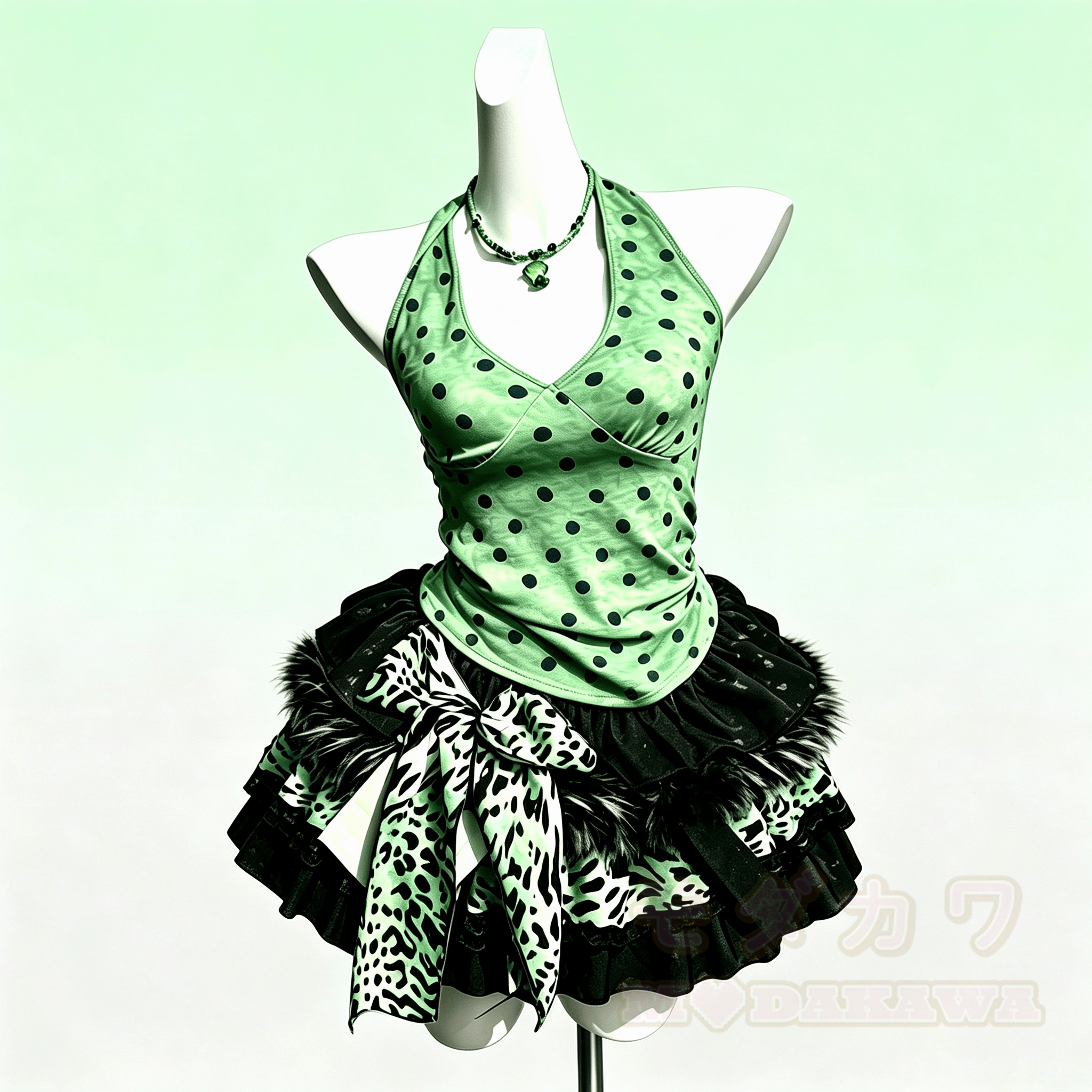 Zweiteiliges Set: Grünes V-Ausschnitt-Top mit Polka-Dots und Minirock mit Leopardenmuster - image 2