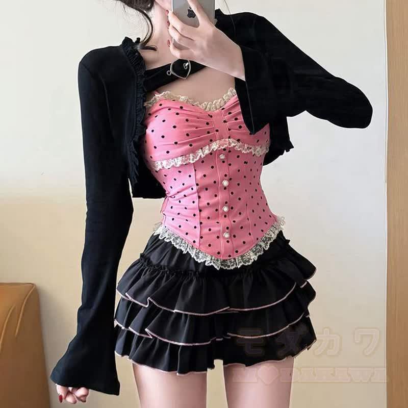 Dreiteiliges Set aus süßem Polka-Dot-Top, kurzem Cardigan und Rüschenrock im Y2K - image 5