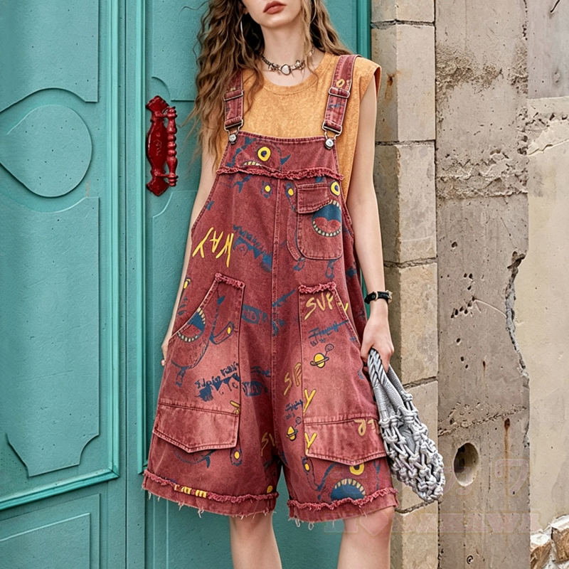 Lässige, locker sitzende Jeansshorts mit Vintage-Print - image 3