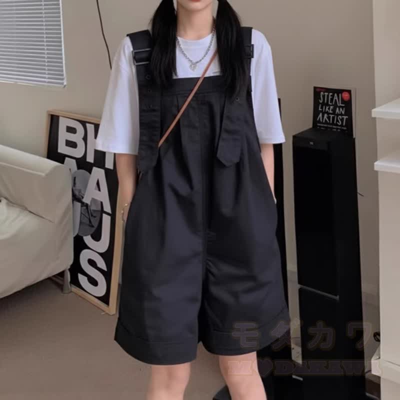 Lässige Cargo-Shorts aus Baumwolle mit hohem Bund, lockerem Schnitt und weitem Bein - Schwarz - 2XL - image 3