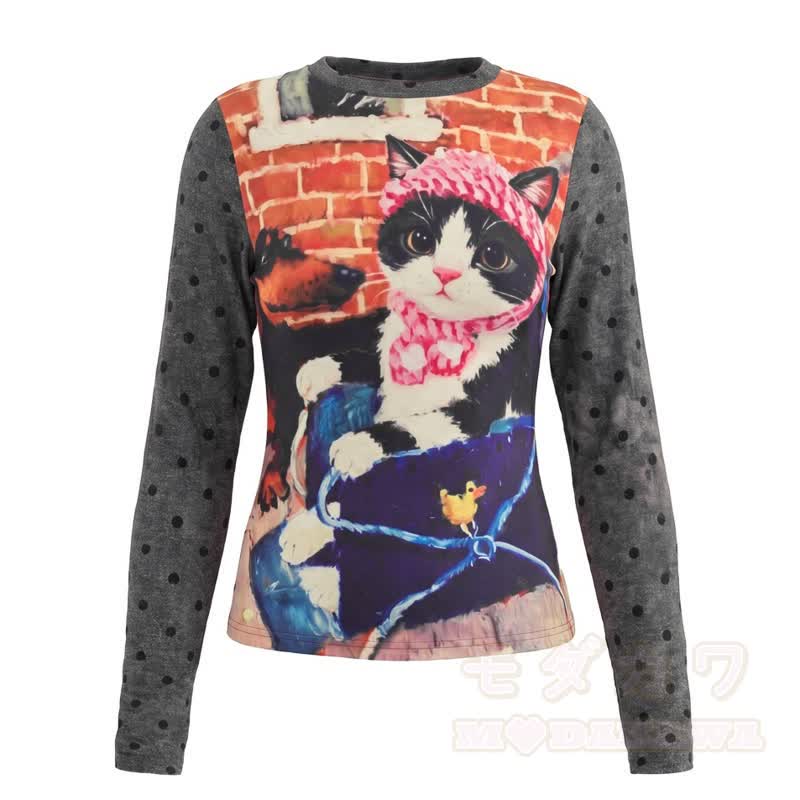 Y2K American Style Vintage Katzenprint Polka Dot Langarm-T-Shirt - Schwarz - L - image 2