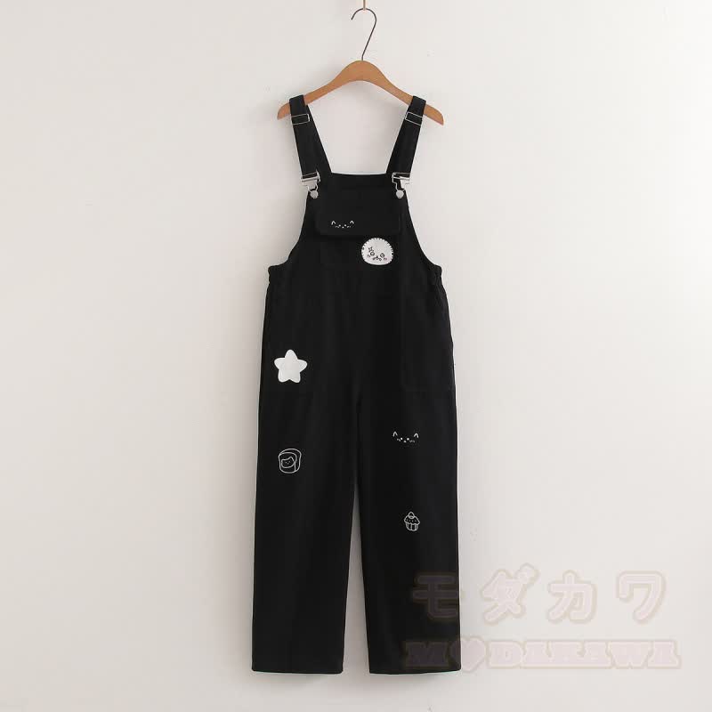 Zweiteiliges Set aus weißem Kurzarm-T-Shirt im College-Stil mit Print und weitem Bein sowie bedruckter Latzhose. - Schwarze Latzhose - XL - image 8