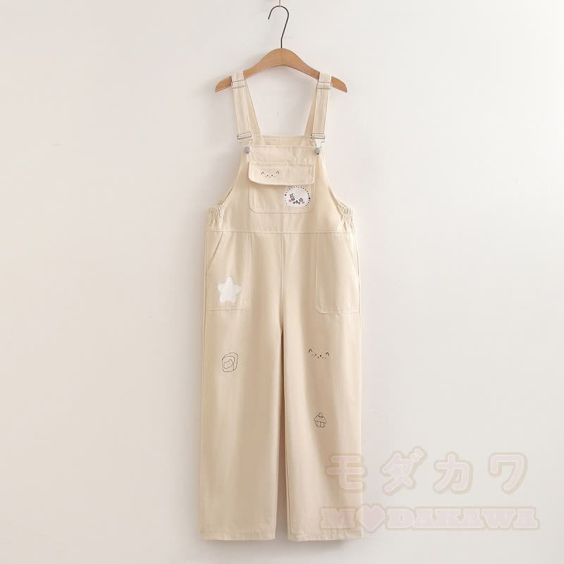 Zweiteiliges Set aus weißem Kurzarm-T-Shirt im College-Stil mit Print und weitem Bein sowie bedruckter Latzhose. - Beige Overalls - XL - image 11