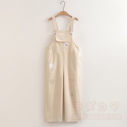 Zweiteiliges Set aus weißem Kurzarm-T-Shirt im College-Stil mit Print und weitem Bein sowie bedruckter Latzhose. - Beige Overalls - XL - image 11