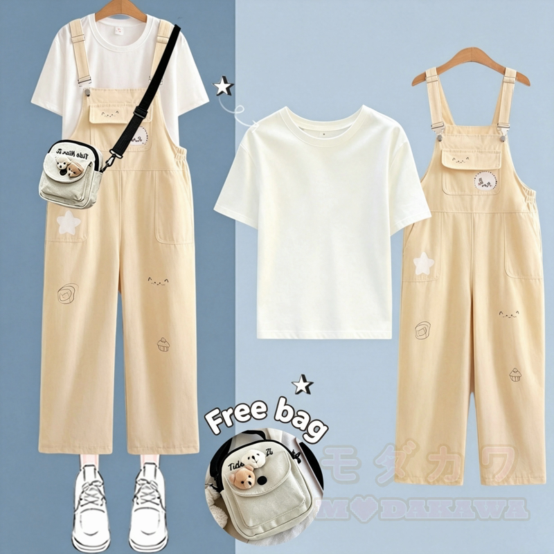Zweiteiliges Set aus weißem Kurzarm-T-Shirt im College-Stil mit Print und weitem Bein sowie bedruckter Latzhose. - Beiges Set - XL - image 4
