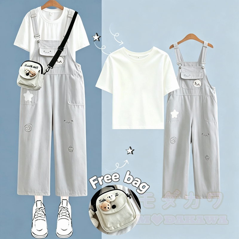 Zweiteiliges Set aus weißem Kurzarm-T-Shirt im College-Stil mit Print und weitem Bein sowie bedruckter Latzhose. - Blaues Set - XL - image 2