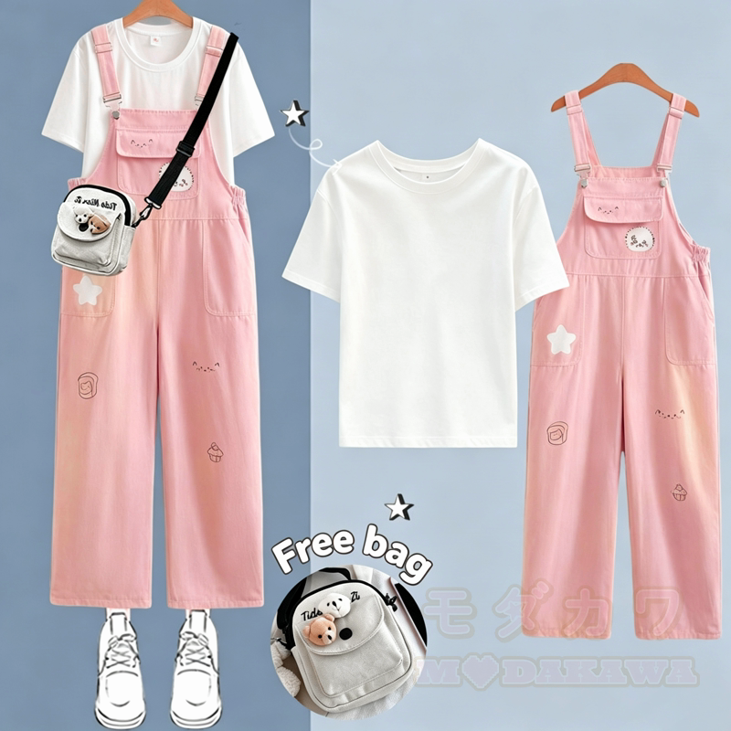 Zweiteiliges Set aus weißem Kurzarm-T-Shirt im College-Stil mit Print und weitem Bein sowie bedruckter Latzhose. - Rosa Set - XL - image 3