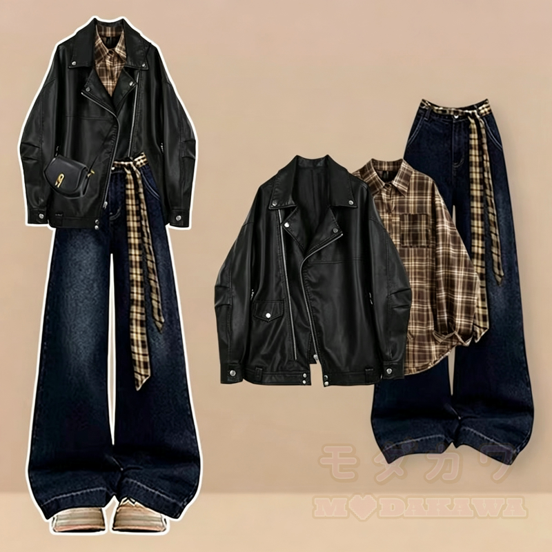 Vintage-Karohemd, Ledermantel, High-Waist-Jeans mit weitem Bein, dreiteiliges Set - Satz - 4XL - image 1