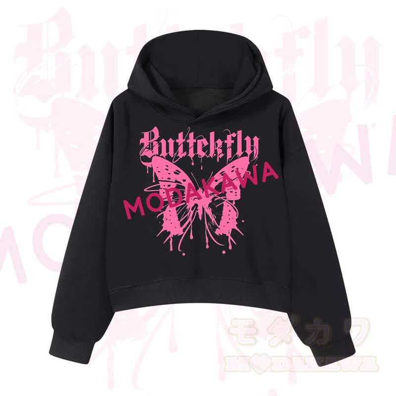 MODAKAWA Baumwoll-Hoodie mit Schmetterlingsmotiv (kurzer Schnitt) - Schwarz - 3XL - image 1