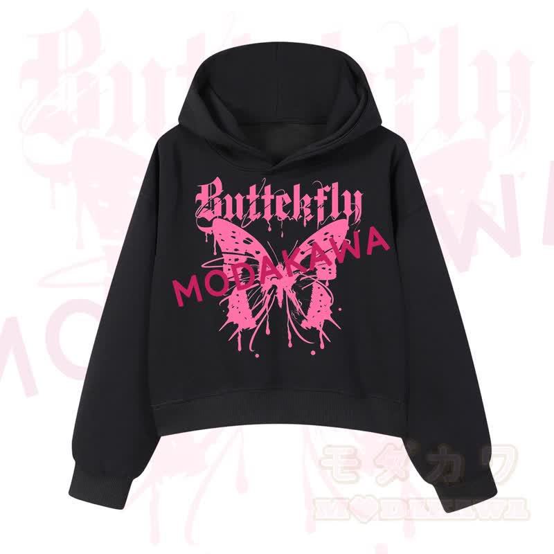 MODAKAWA Baumwoll-Hoodie mit Schmetterlingsmotiv (kurzer Schnitt) - Schwarz - 3XL - image 1