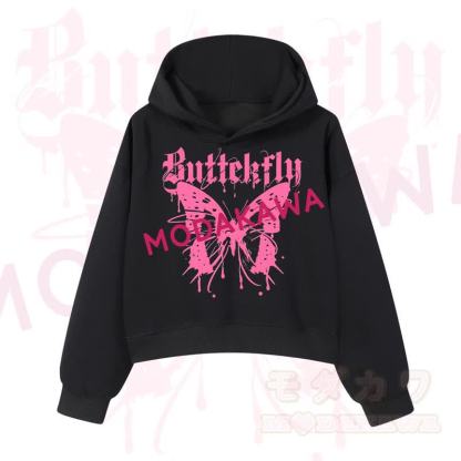 MODAKAWA Baumwoll-Hoodie mit Schmetterlingsmotiv (kurzer Schnitt) - Schwarz - 3XL - image 1