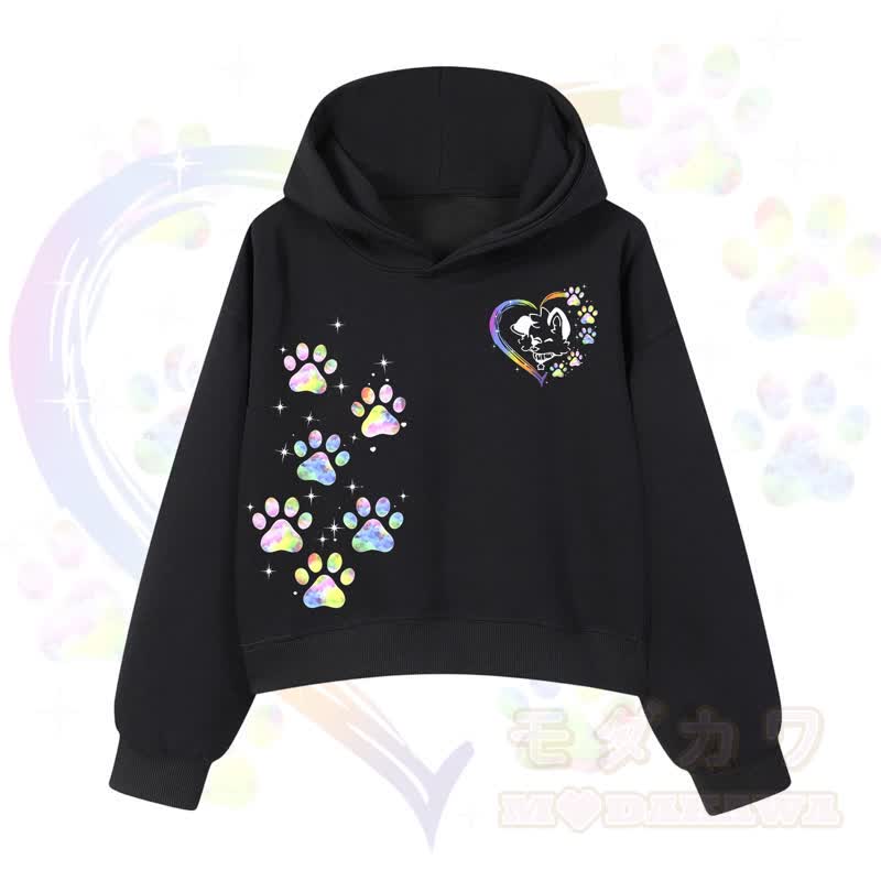 MODAKAWA Kawaii Regenbogen-Hundepfotenabdruck Cropped Hoodie - Schwarz - 3XL - image 1