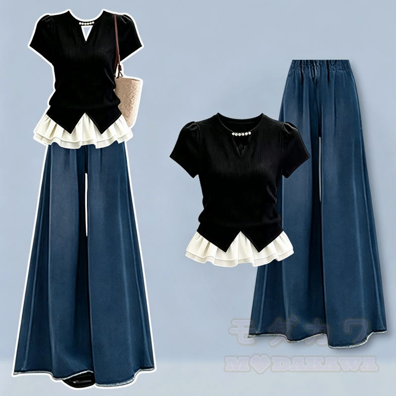 Zweiteiliges Set aus lässigem Kurzarm-Top mit Rüschensaum in Farben -Optik und weitem Jeansbein - Satz A - 3XL - image 1