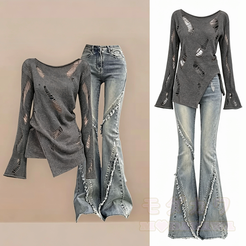 Zweiteiliges Set aus zerrissenem, asymmetrischem Strickoberteil mit langen Ärmeln und ausgestellten Jeans - Satz - 3XL - image 1