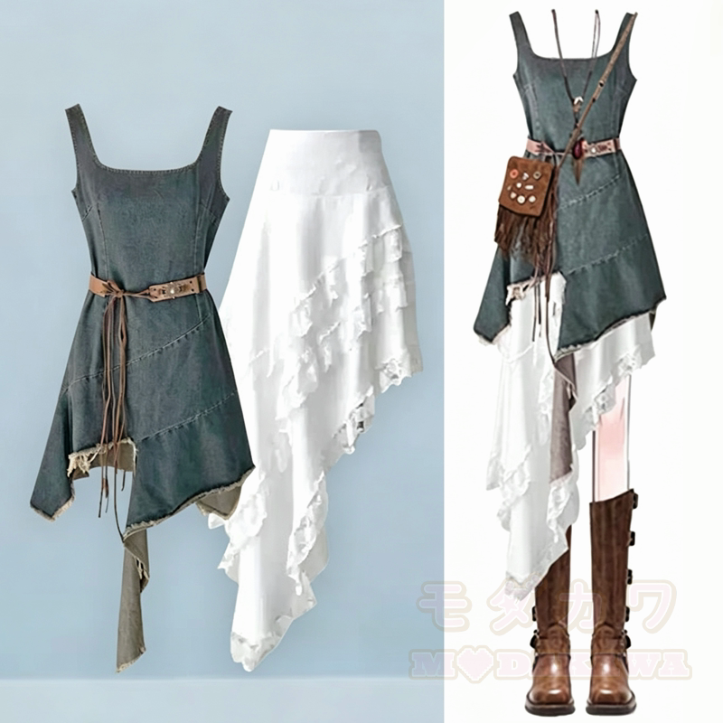Lässiges Jeans-Slipkleid mit unregelmäßigem Rüschenrock, zweiteiliges Set - Satz - 4XL - image 1