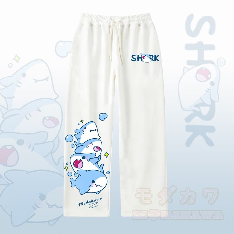 MODAKAWA Lässige Hose mit weitem Bein und niedlichem Hai-Print - Weiß - 4XL - image 2