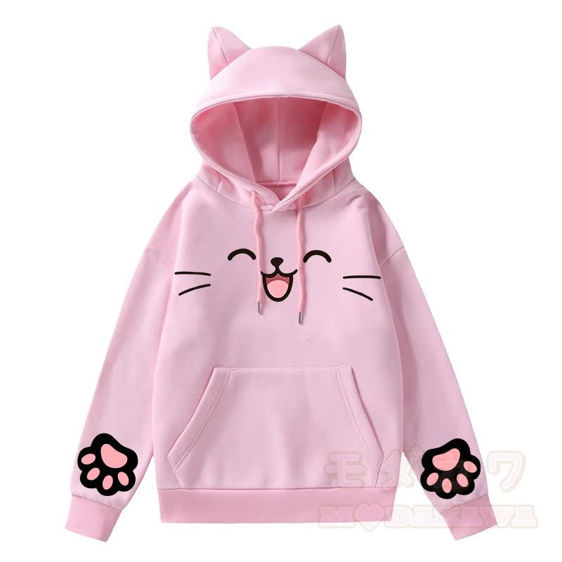 MODAKAWA Kawaii Kapuzenpullover mit Katzenohren, süßem Katzenpfotenabdruck und langen Ärmeln - Rosa - 2XL - image 4