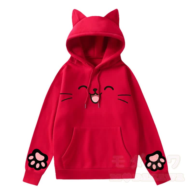 MODAKAWA Kawaii Kapuzenpullover mit Katzenohren, süßem Katzenpfotenabdruck und langen Ärmeln - Rot - 2XL - image 3