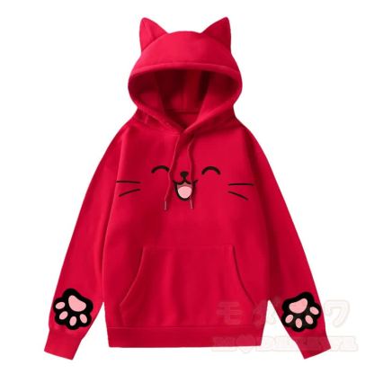 MODAKAWA Kawaii Kapuzenpullover mit Katzenohren, süßem Katzenpfotenabdruck und langen Ärmeln - Rot - 2XL - image 3