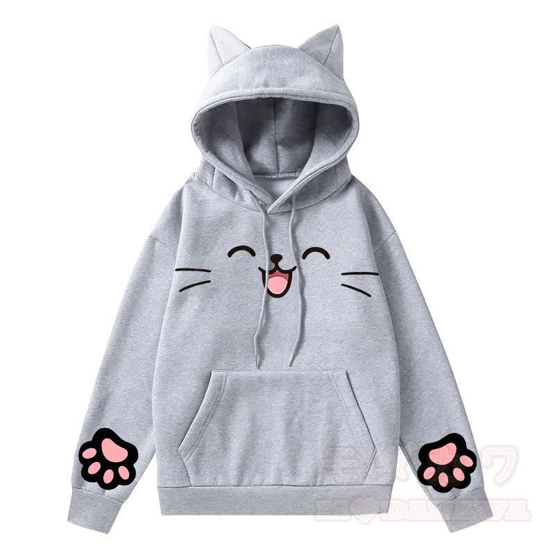 MODAKAWA Kawaii Kapuzenpullover mit Katzenohren, süßem Katzenpfotenabdruck und langen Ärmeln - Grau - 2XL - image 2