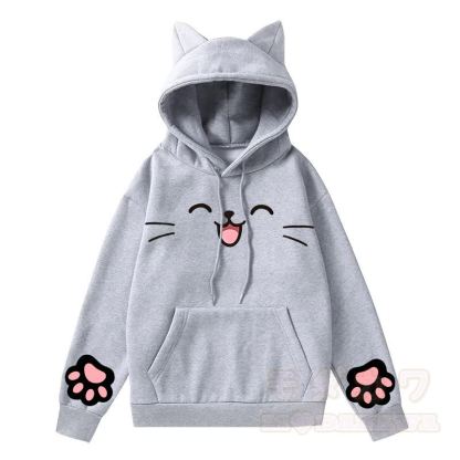 MODAKAWA Kawaii Kapuzenpullover mit Katzenohren, süßem Katzenpfotenabdruck und langen Ärmeln - Grau - 2XL - image 2