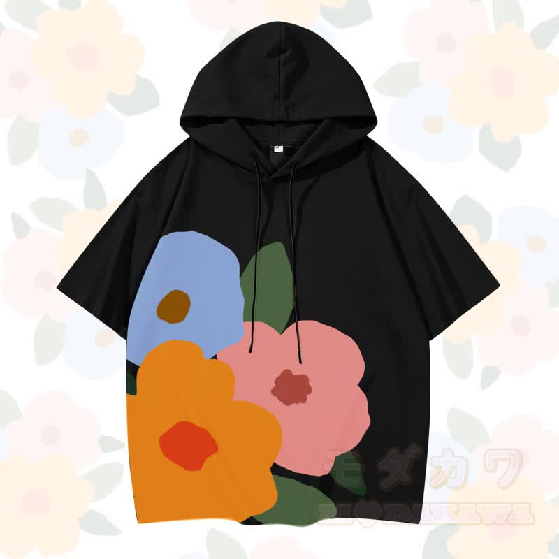 MODAKAWA X Trevor Basset Kurzarm-Hoodie mit buntem Blumenmuster - Schwarz - 3XL - image 3