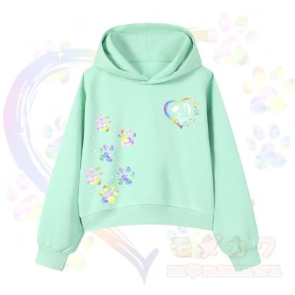 MODAKAWA Kawaii Regenbogen-Hundepfotenabdruck Cropped Hoodie - Grün - 3XL - image 5