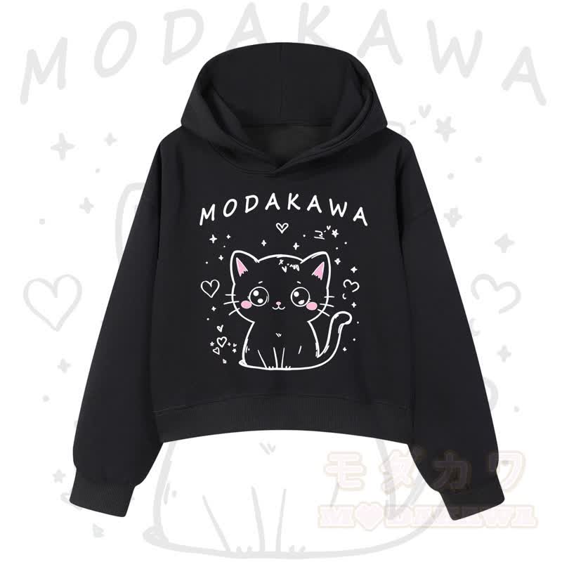 MODAKAWA Baumwoll-Hoodie mit Katzenmotiv (kurzer Schnitt) - Schwarz - 3XL - image 2