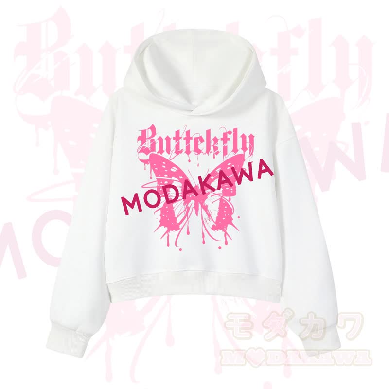 MODAKAWA Baumwoll-Hoodie mit Schmetterlingsmotiv (kurzer Schnitt) - Weiß - 3XL - image 3