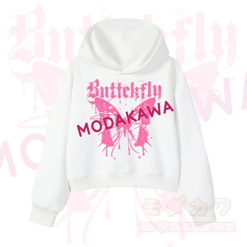 MODAKAWA Baumwoll-Hoodie mit Schmetterlingsmotiv (kurzer Schnitt) - Weiß - 3XL - image 3