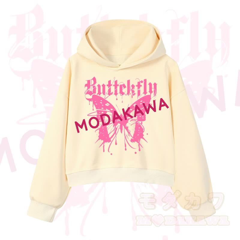 MODAKAWA Baumwoll-Hoodie mit Schmetterlingsmotiv (kurzer Schnitt) - Gelb - 3XL - image 9