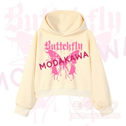 MODAKAWA Baumwoll-Hoodie mit Schmetterlingsmotiv (kurzer Schnitt) - Gelb - 3XL - image 9